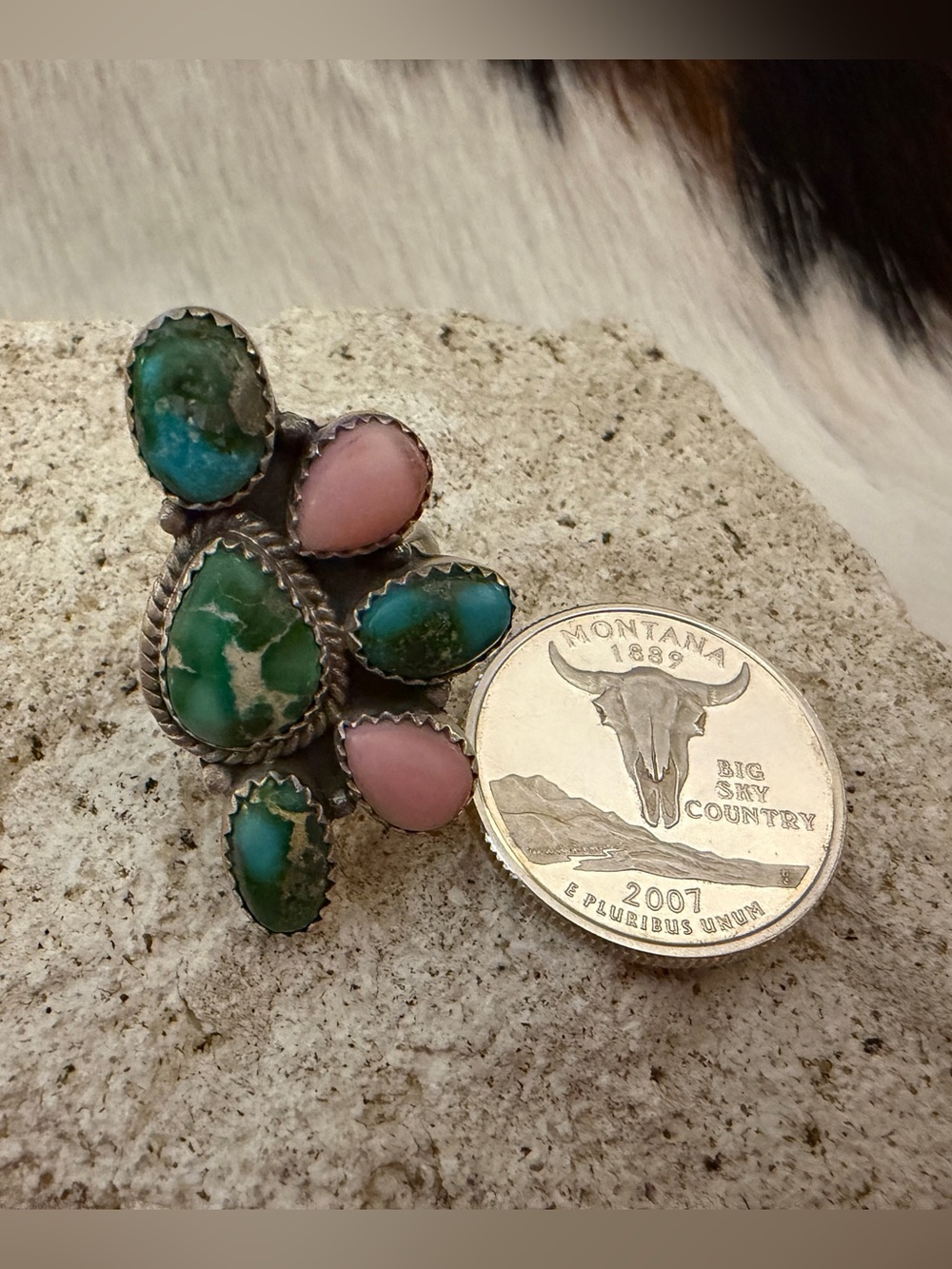 ❤️ Sonoran Gold Turquoise & Pink Conch ADJ 4.5 - 8.6 Statement Ring Matte 925 - Picture 7 of 15